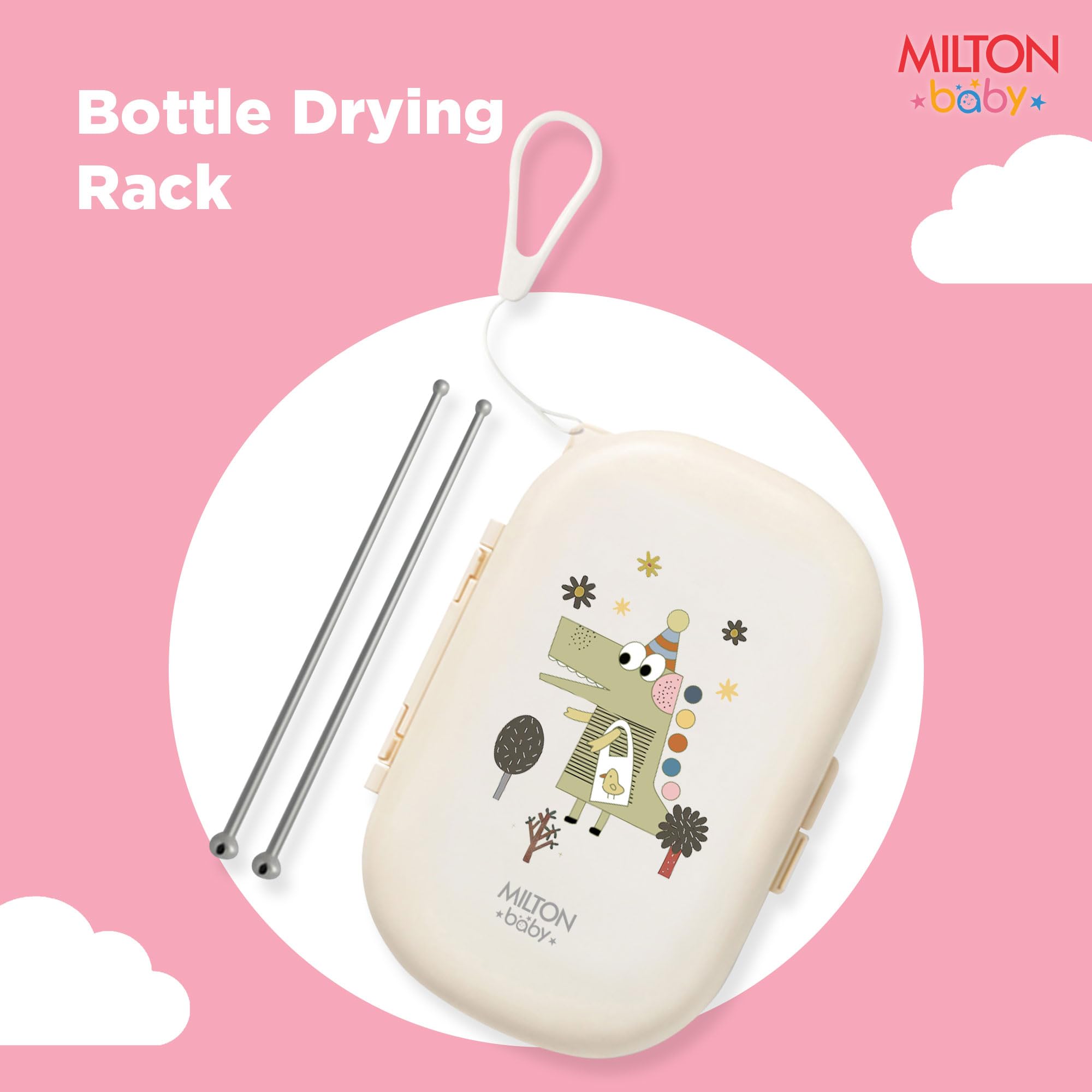 Milton Baby 5-in-1 Travel Bottle Cleaner Kit I Bottle, Nipple & Straw Cleaner I BPA Free - Food Grade Silicone Brush,Compact Soap Dispenser,Drying Rack,Home And Travel Essential,Crocodile Print, Cream 4