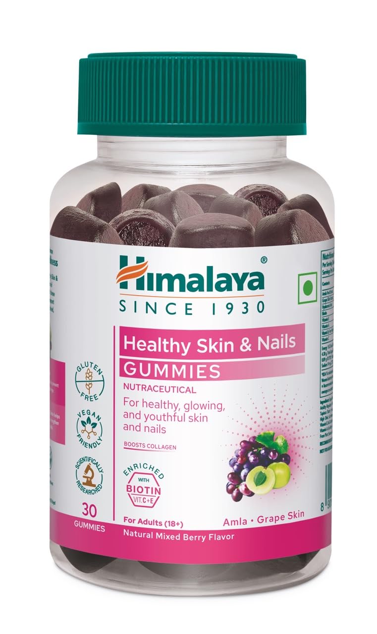 Himalaya Skin & Nail Health Gummies | Pack Of 30 | For Healthy, Glowing, Youthful Skin & Nails | With 5 Essential Vitamins|Gelatin-Free Fruit Based Gummies | 100% Vegetarian