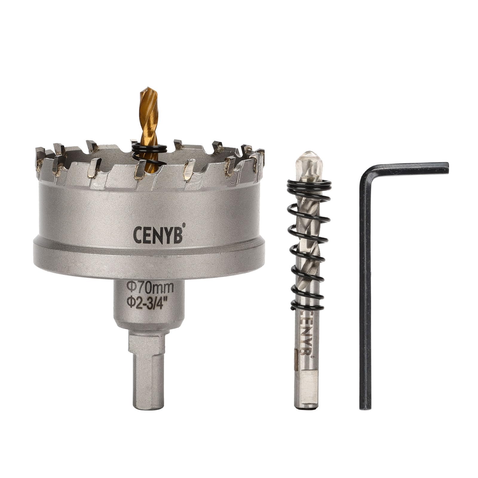 CENYB 2-3/4" (70mm) Tungsten Carbide Tipped Hole Saw with 2Pcs Titanium-Plated Pilot Drill Bits for Hard Metal,Stainless Steel,Iron,Aluminum Alloy,Wood and Plastic