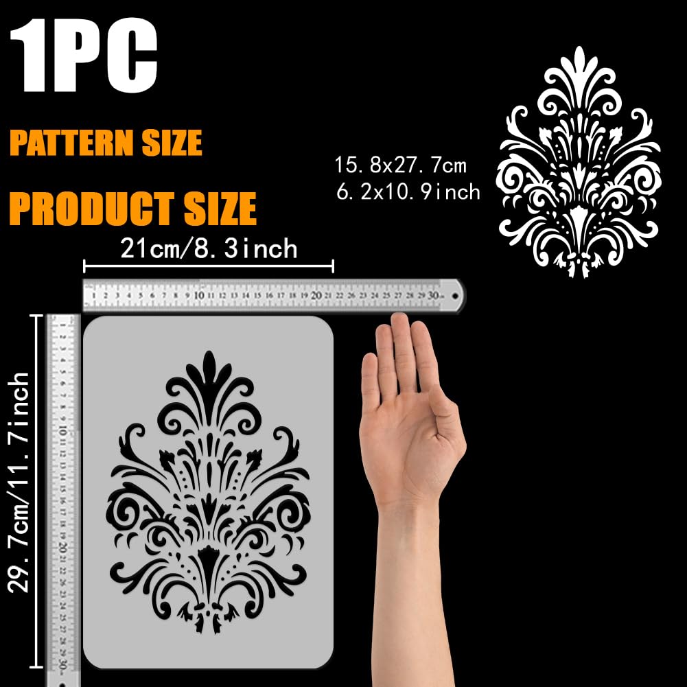 FINGERINSPIRE Damask Stencil 29.7x21cm Reusable Damask Flower Drawing Template Damask Floral Hollow Stencil Damask Theme DIY Decoration Stencil for Painting on Wood Wall Fabric Furniture - Image 2