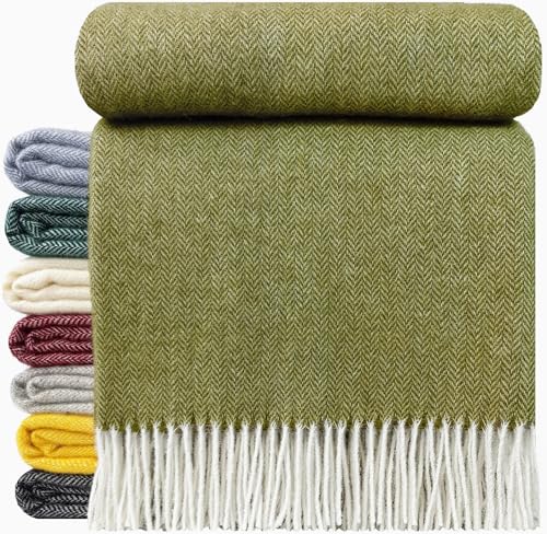 STTS International Wolldecke 100% Schurwolle Wohndecke in versch. Farben 140 x 200 cm Tagesdecke Schurwolldecke Woll-Plaid Tirol (A Olive, 140 x 200 cm)