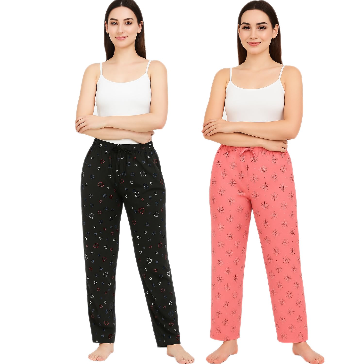 brand flex Women's Pyjama Pants, Lounge Pants,Night Pants Elastic Waist, Black Heart Pattern and Pink Floral Design, 2-Pack-picture-4