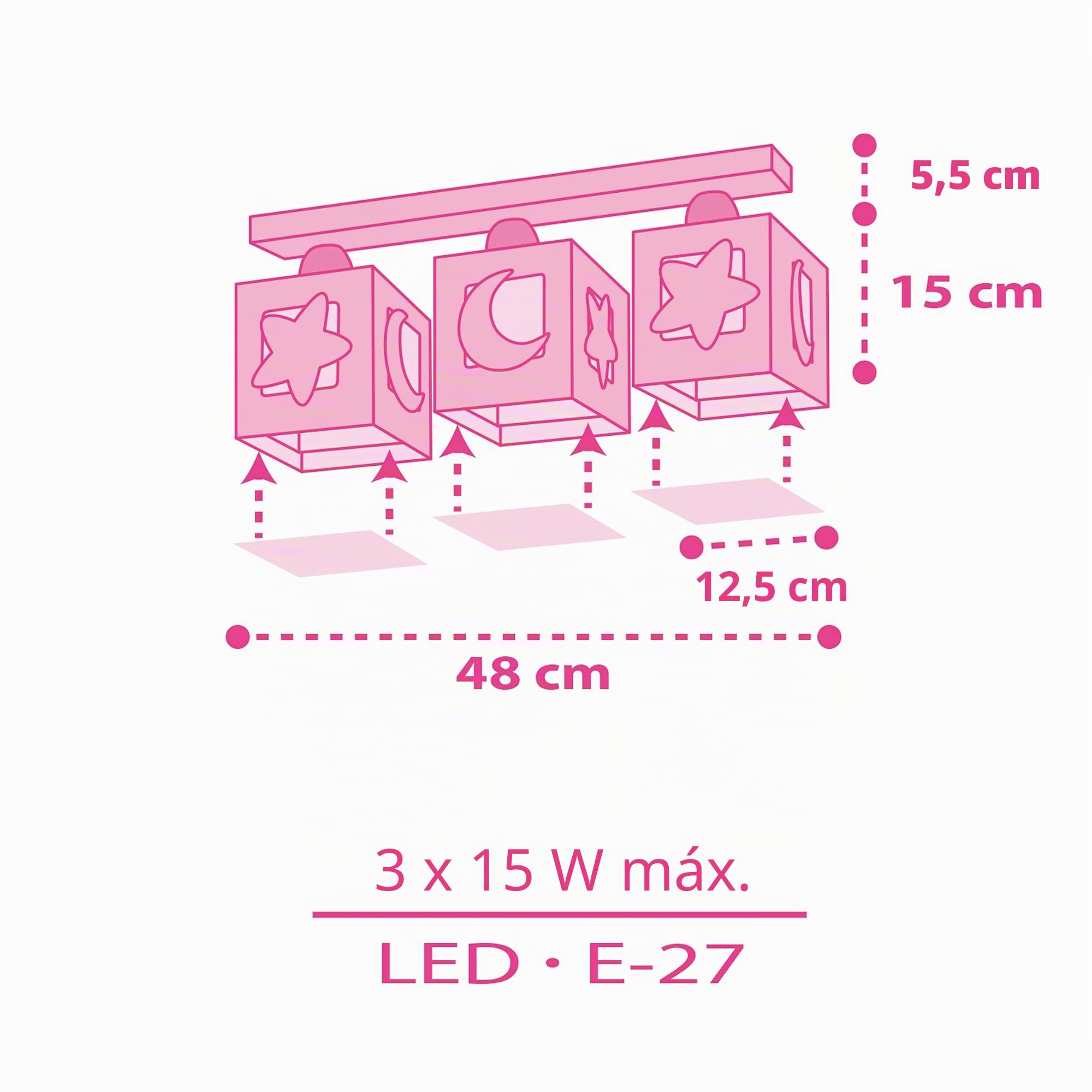 Dalber Lámpara Plafón Infantil 3 Luces Luna y Estrellas Rosa 63233NS E27 | E27 - 3 x 15W; habitación niños; plafones infantiles. Moonlight