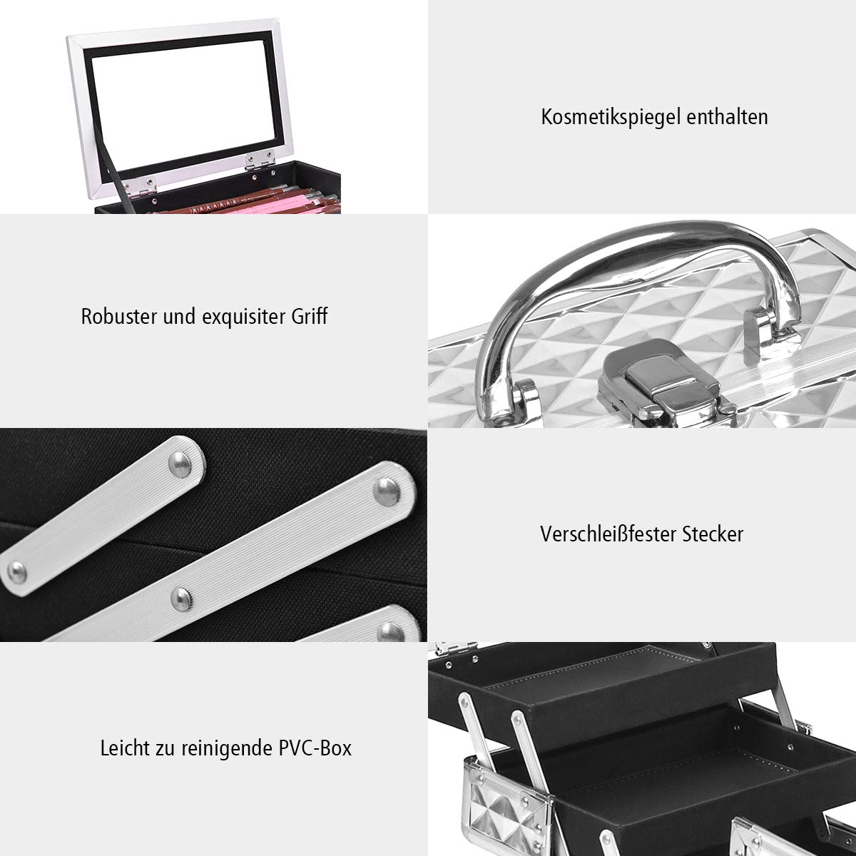 GOPLUS Kosmetikkoffer, Schminkkoffer leer mit Spiegel & 2 ausziehbare Ablagen, Makeup Oragnizer tragbar mit Tragegriff & Verschluss, Beauty Case für Reise, Friseure & Visagisten (Silber)