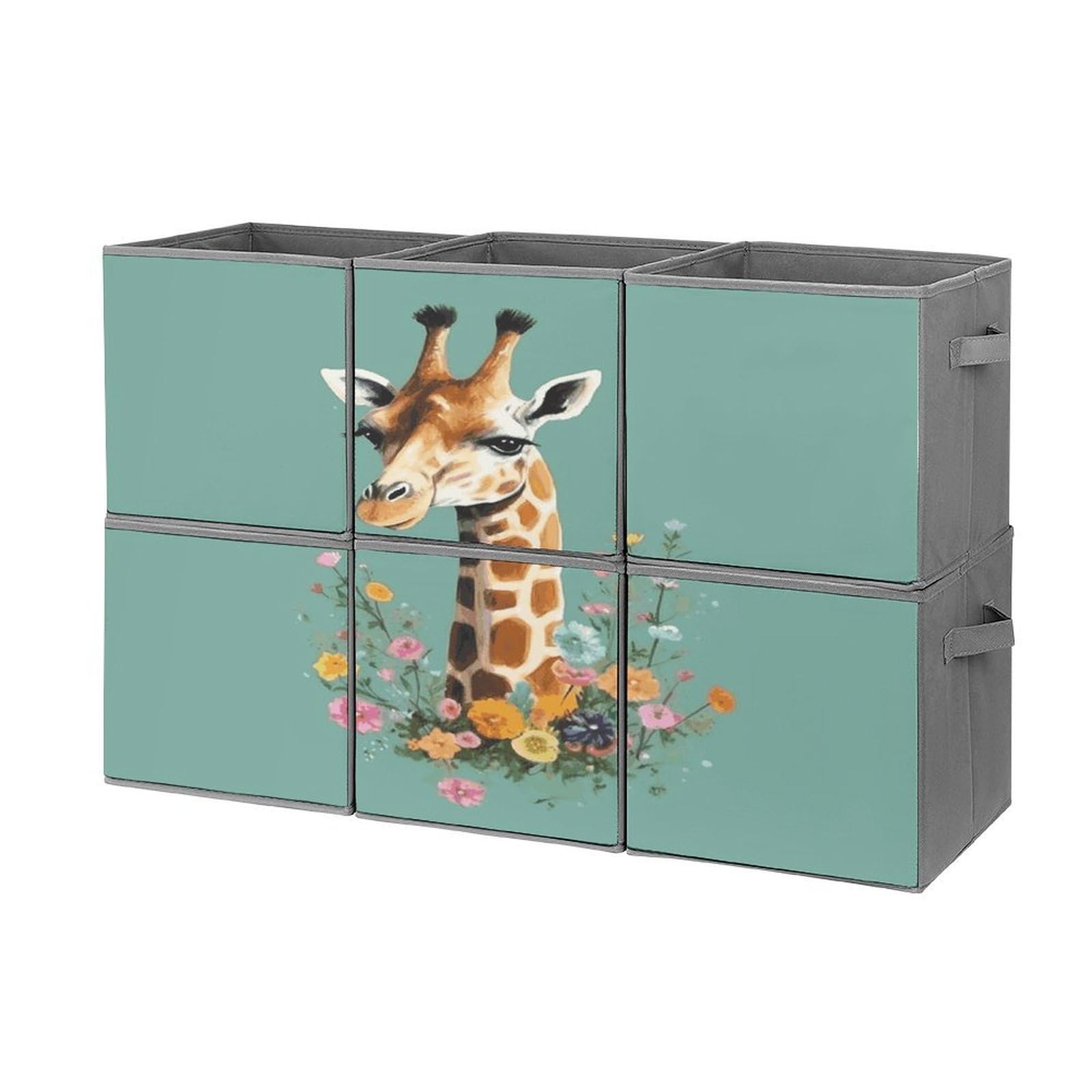 Fekiloot Style Giraffe With Flowers Storage Bin For Foldable And Handles,Closet Organizer Of 6-Pack Stackable,Storage Box For Living,Room, Office,Bedroom,Closet