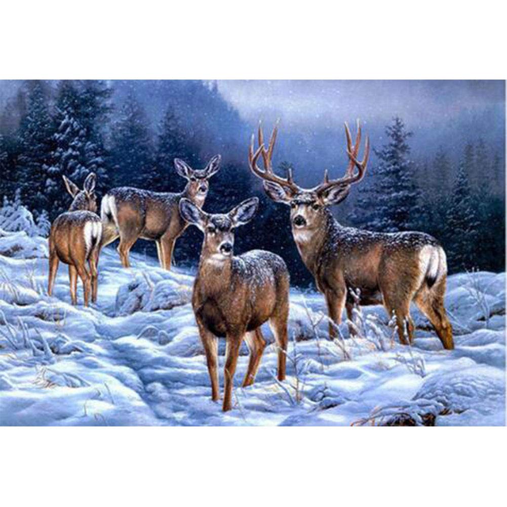 WOWDECOR 5D Diamond Painting Kits, Sika Deer Family Snow Pine Tree Animals Full Drill DIY Diamond Art Cross Stitch Paint by Numbers