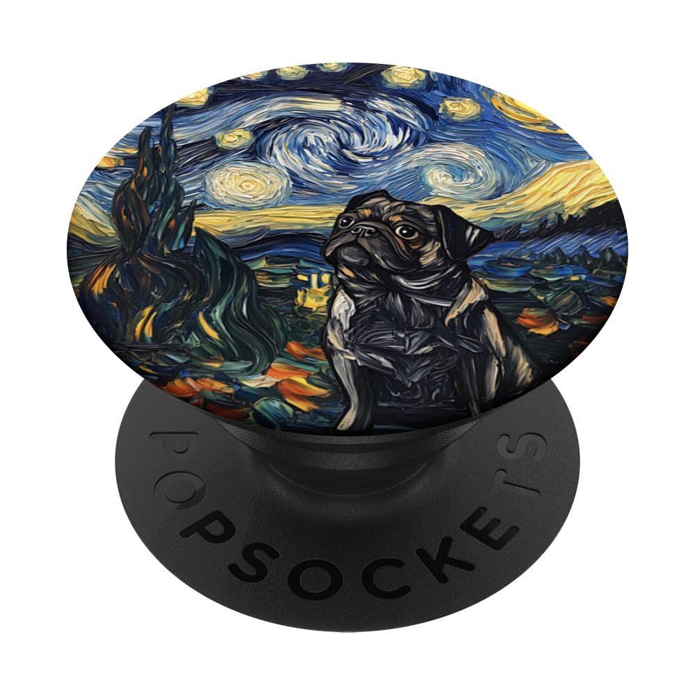 Cute Black Pug Starry Night Painting Dog Art PopSockets Adhesive PopGrip