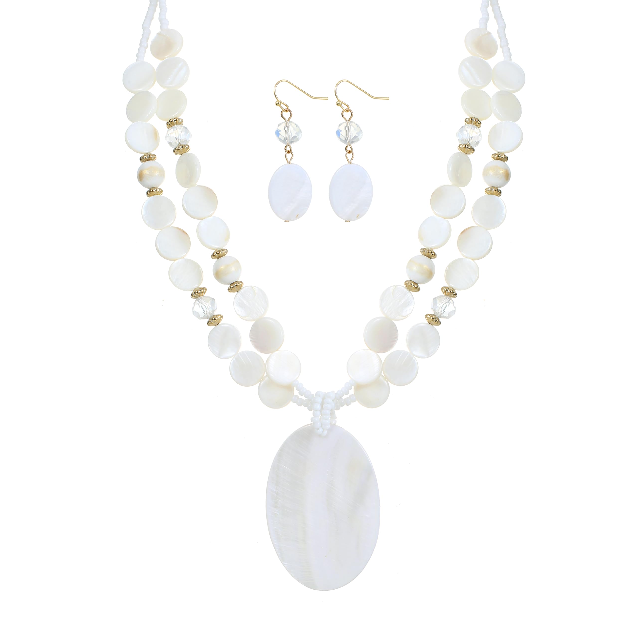 Xalroco Multi-Strand Shell Beads Statement Necklace and Earrings Set for Women Oval Shell Pendant Choker Necklace Set Chunky Big Colorful Glass Stone