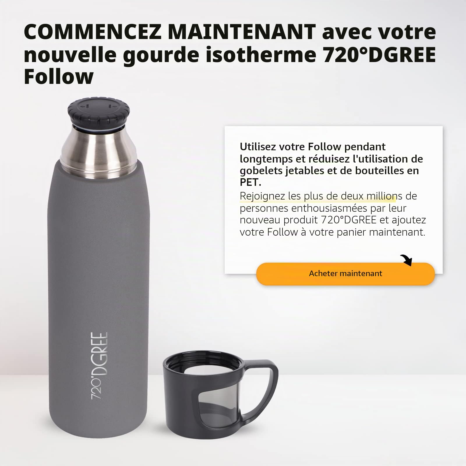 720°DGREE Bouteille Isotherme Follow 450ml, 700ml, 1l | Gourde Thermo Acier Inoxydable | Ideal pour Café et Thé avec Gobelet, Tasse | Boissons Chaudes ou Froides au Travail, Voyage, Ecole