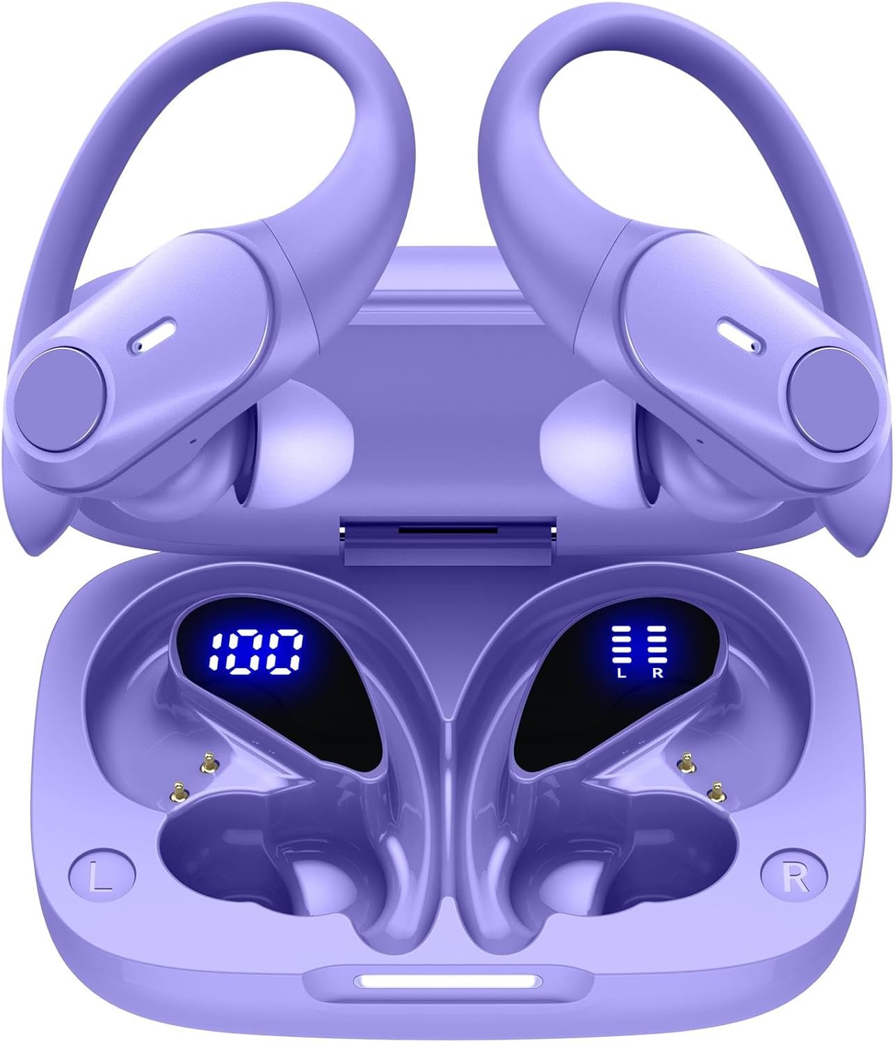GOLREX Noise Cancelling Ear Buds Wireless Earbuds Bluetooth Headphones with 80H Playtime, Dual LED Display, Wireless Charging Case, Over-Ear Hooks Earphones for Sports Running Gym Workout Purple