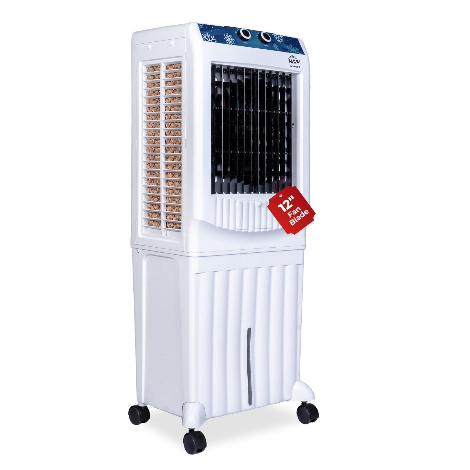 HAVAI Arizona 12 Personal Air Cooler | 60L Water Tank | 12-Inch High-Speed Fan | Air Throw up to 8 Feet | 2000 m³/hr Air Delivery | 3-Side Honeycomb Pads | Motorised Louvers | 120W | White
