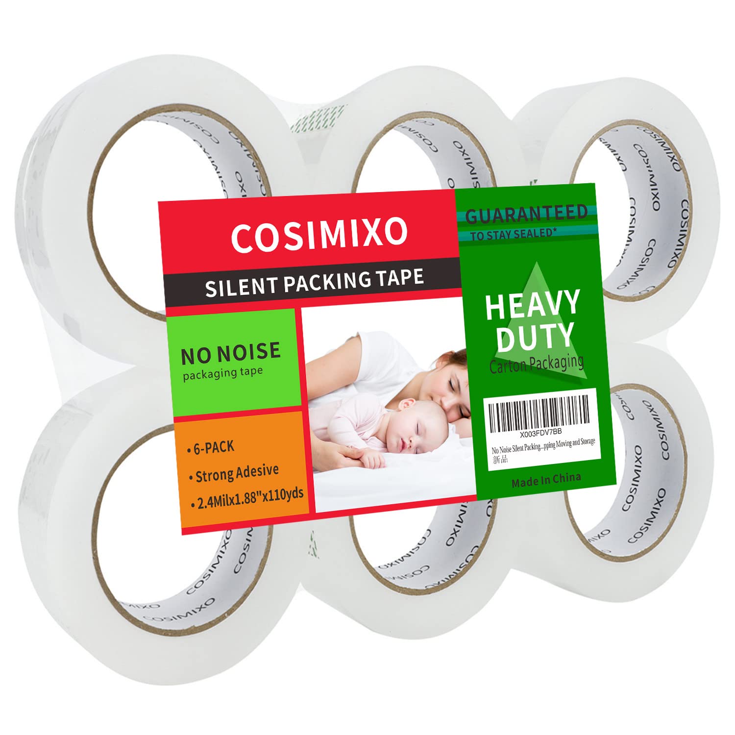 COSIMIXO 6-Pack No Noise Silent Packing Tape 2.4mil x 1.88" x 110Yards,Industrial Heavy Duty Noiseless Packaging Tape for Quiet Packing Shipping