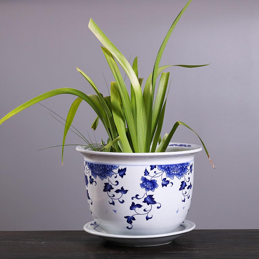 asdchZen Chinoiserie Ceramic Planter Indoor Plant Pots With Tray Plant Pots Indoor Blue And White Porcelain Flowerpot Round Planter Flower Nursery Pot Orchid Ceramics Bonsai,B-34 * 23cm