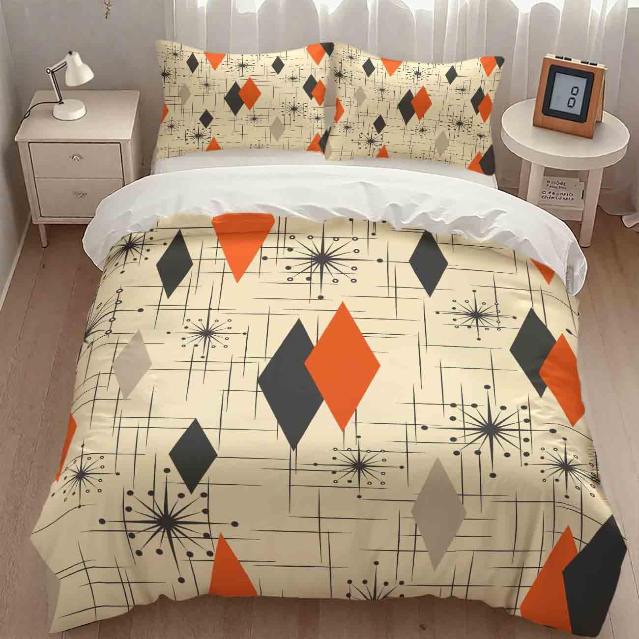 Mid Century Bedding Set,Retro Starbursts Abstract Orange Black Geometric Minimalist 1950s 60s Pattern Comforter Set with Pillowcase for Bedroom Bed Decor,Full 79"x90"