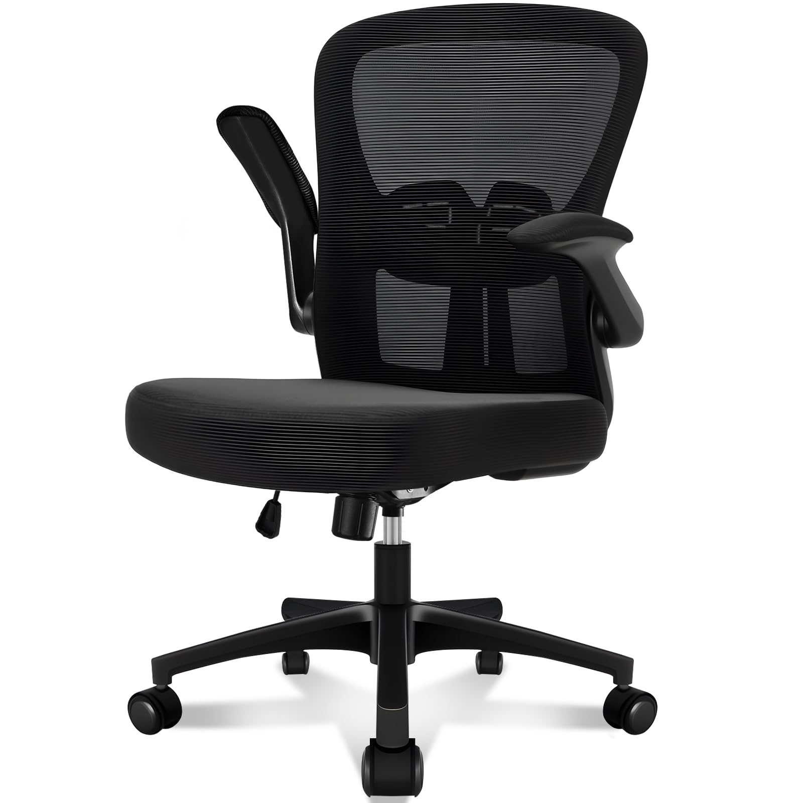 Durrafy Ergonomic Office Chair, Mesh Desk Chair with Adjustable Lumbar Support & Flip-Up Arms, Height Adjustable Swivel for Home Office, Mid Back with Castors, Black
