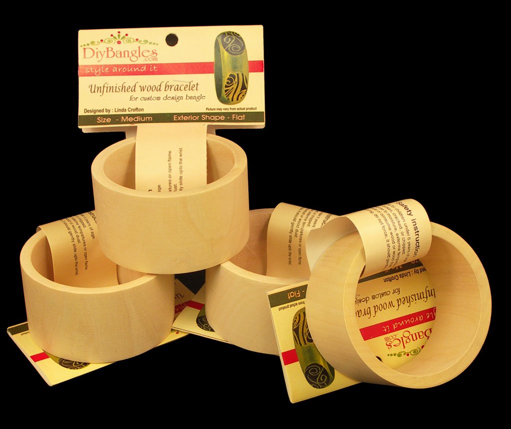 4 Pack, Wood Bangle Bracelet, Flat Exterior, 1.75" Wide, Medium Size, ReadyToDecorate (R)