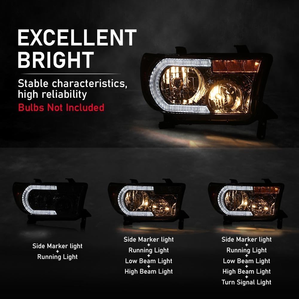G-PLUS LED Headlights Assembly, Fit Toyota Tundra 2007-2013/Sequoia 2008-2017 Headlamps Driver and Passenger Side,Clear Lens Chrome Housing Amber Reflector TO2503171, TO2502171