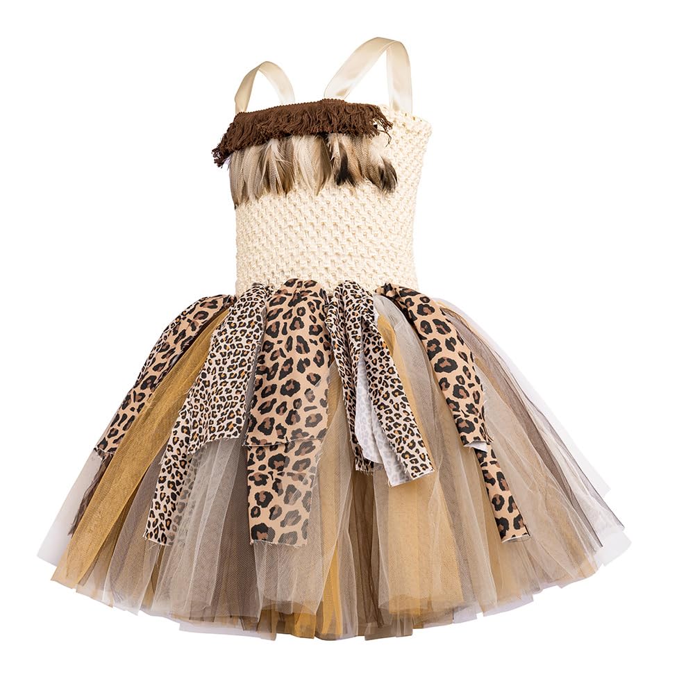 IDOPIP Girls Jungle Safari Outfit Wild Animal Halloween Birthday Party Dress up Toddler Caveman Bam Bam Outfit Handmade Ruffle Tulle Leopard Tutu Dress with Headband for Photo Shoot Beige 3-4 Years