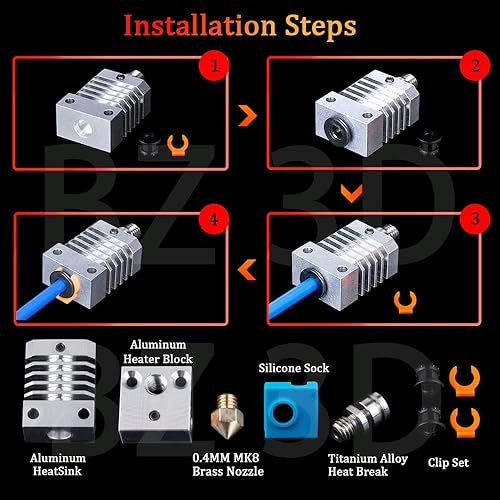 Miniatura 6 de BZ 3D Ender 3 - Kit de actualización hotend de metal, disipador de calor de aleación de titanio, boquilla de latón MK8 de 0.016in para impresora 3D