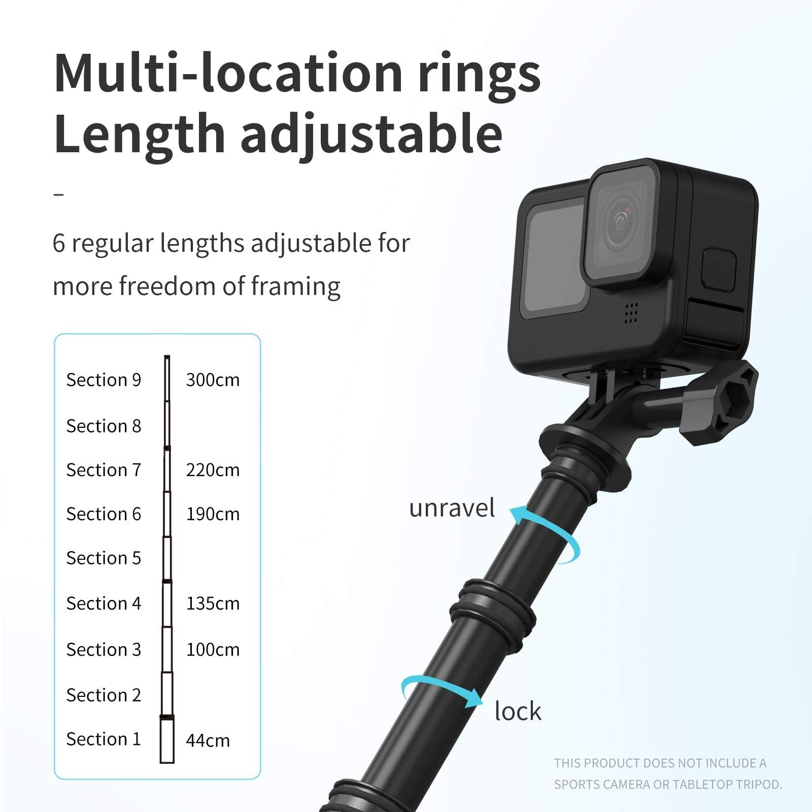 TELESIN 300cm Invisible Selfie Stick, Monopiede Retrattile in Fibra di Carbonio, Bastone Selfie Stick per Go Pro Hero 13 12 11 10 9 8 DJI Osmo 360 Action 5 Pro 4 3 Insta360 X5 X4 X3, ecc