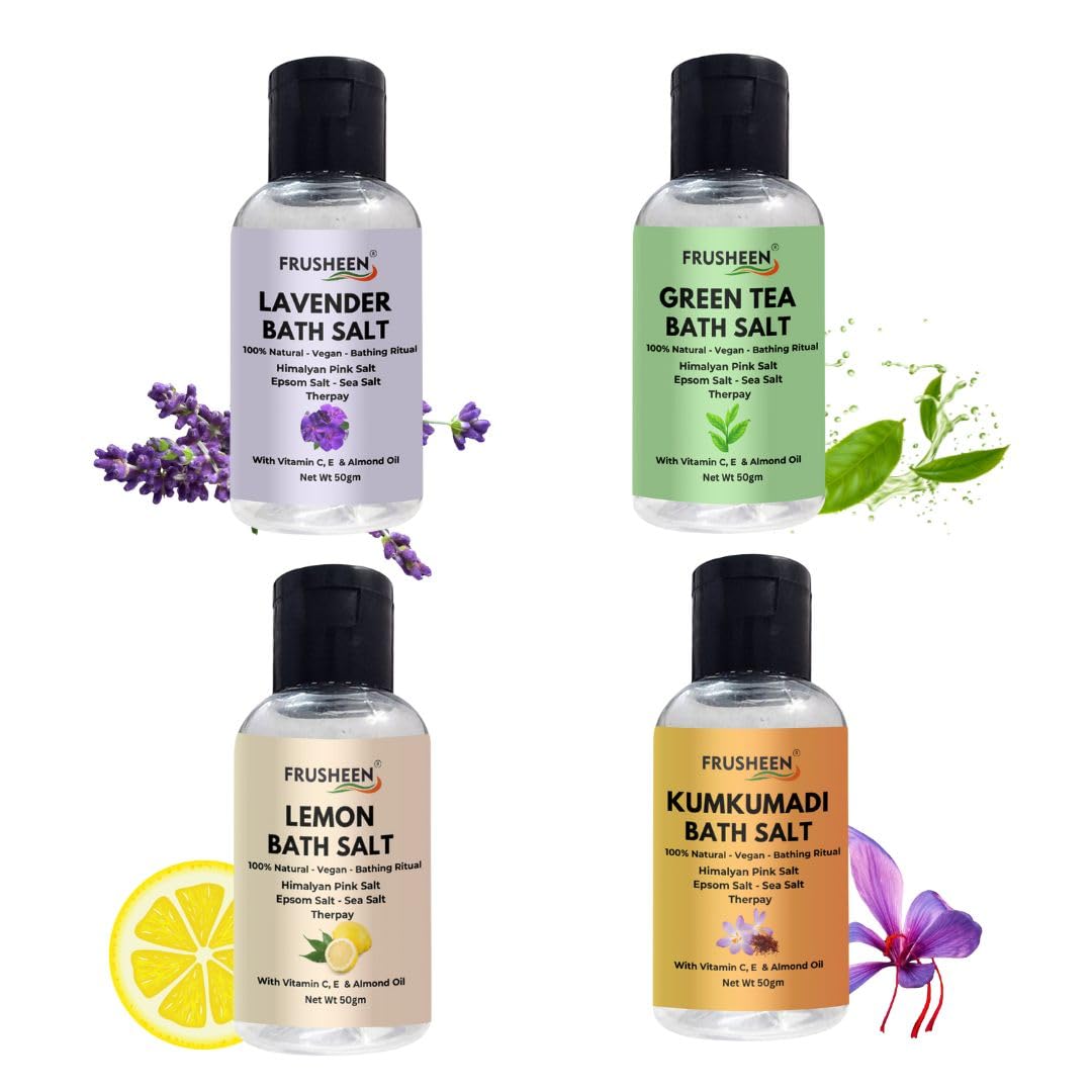 frusheen bath salt gift aroma granules essential oil lavender, lemon, green tea, kumkumadi, colour free epsom, sea, himalayan pink salt for foot, muscle, joint, body spa at home, combo pack, 4 x 50g