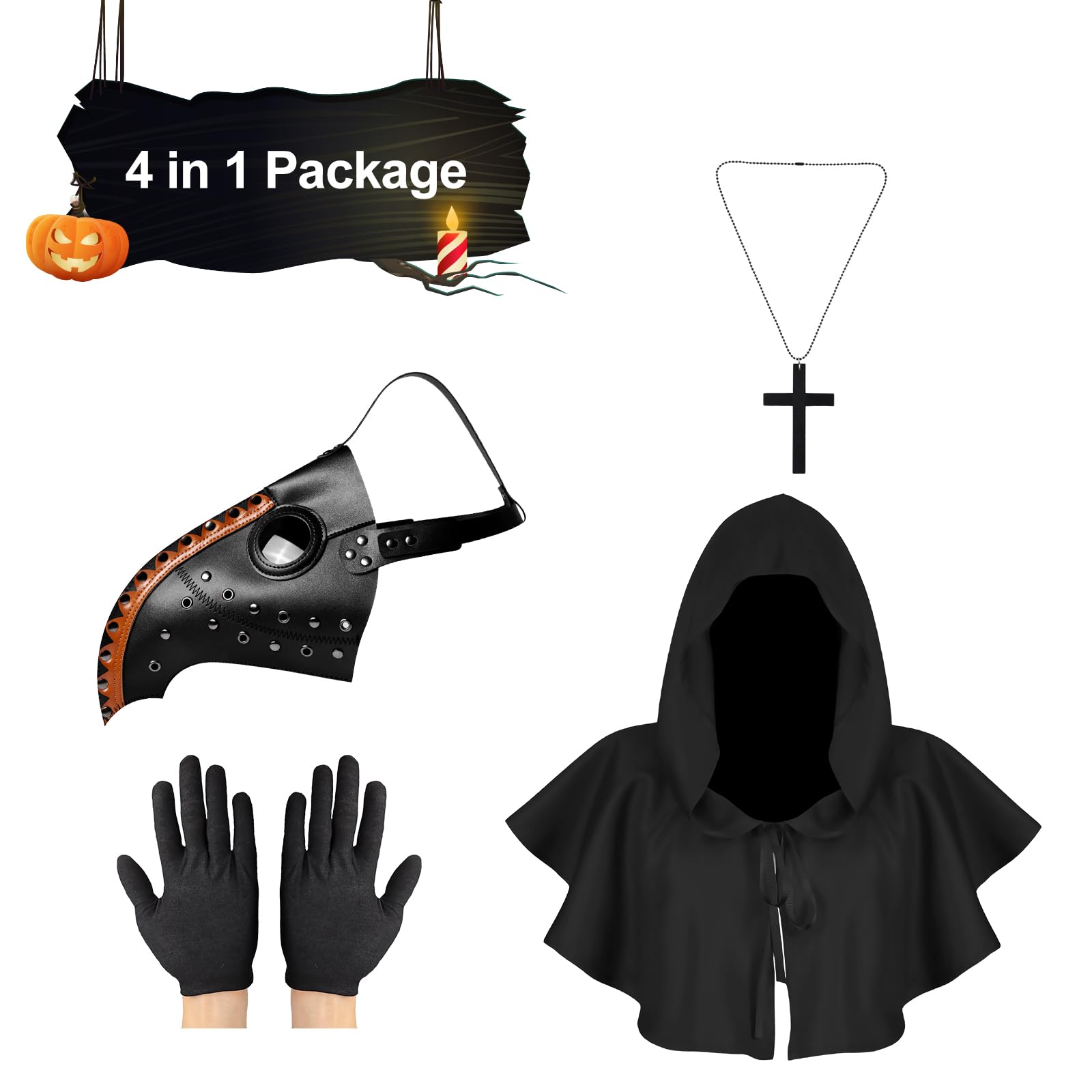 Lifreer Plague Doctor Mask - Steampunk Bird Mask Costume for Adults Black & Orange with Gloves & Hooded Cloak Cape for Gothic Halloween - Image 4