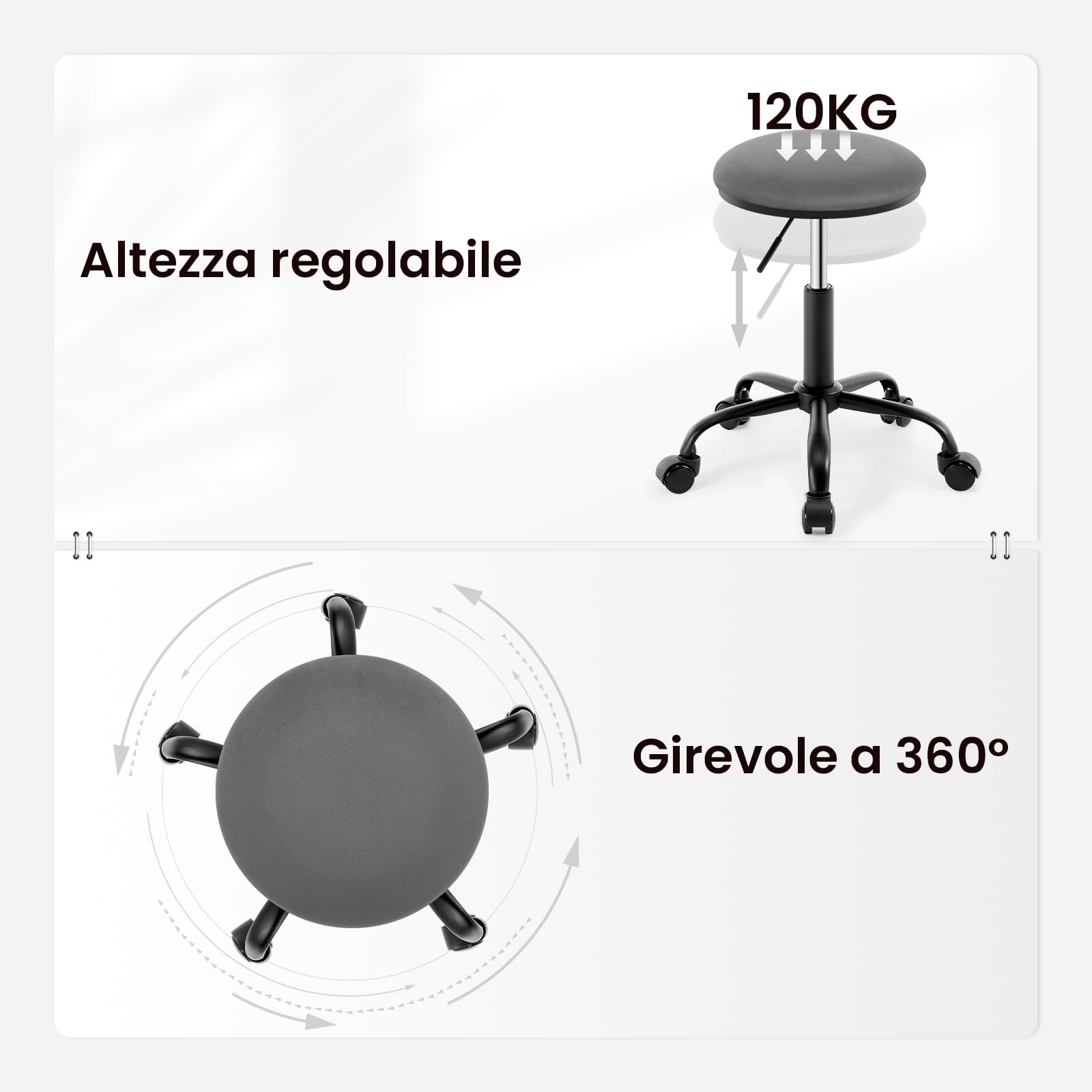 EUGAD Sgabello Rotondo con ruote, Sedia da trucco, Velluto, Grigio scuro | Regolabile in Altezza, Sgabello Girevole a 360°con Rotelle, per Camera da Letto Studio Soggiorno Cucina