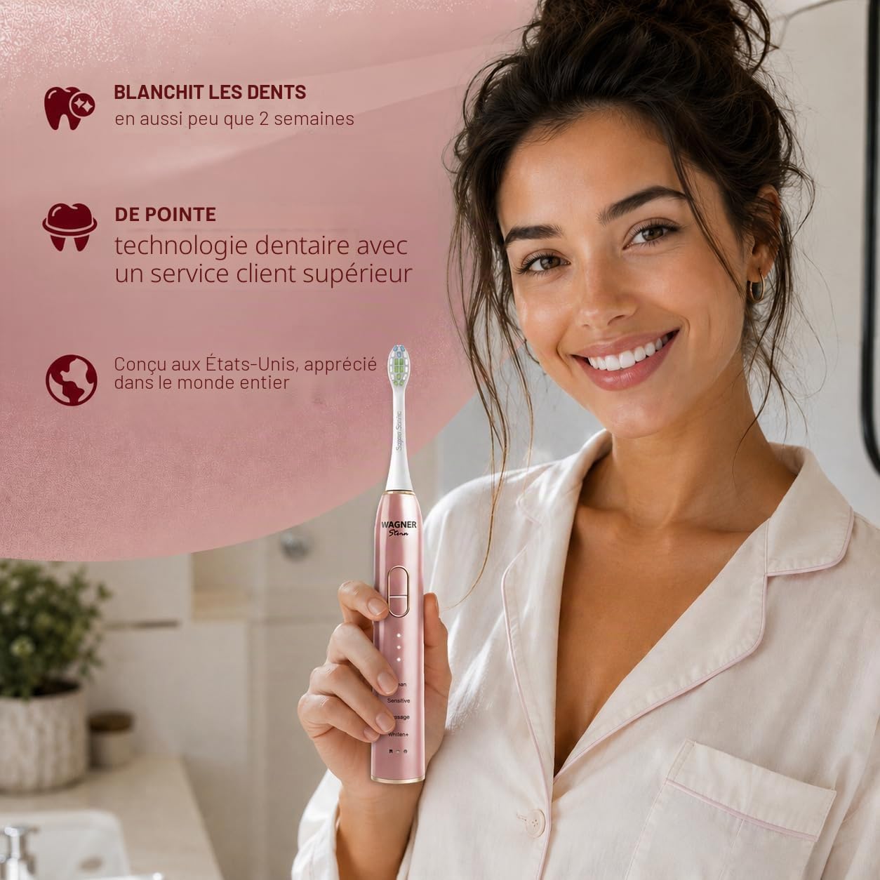 Wagner Stern IntelliBrush – Brosse à dents électrique avec capteur de pression, 4 modes, 3 intensités, 8 têtes souples, technologie blanchissante et étui de voyage inclus