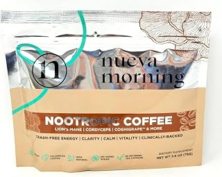 Nueva morning coffee 2.6 oz Nootropic Premium Colombian Coffee Lion's Mane Cordyceps Green Tea Caffeine L-Theanine Cacao Cinnamon Vegan No Added Sugar Natural 100%