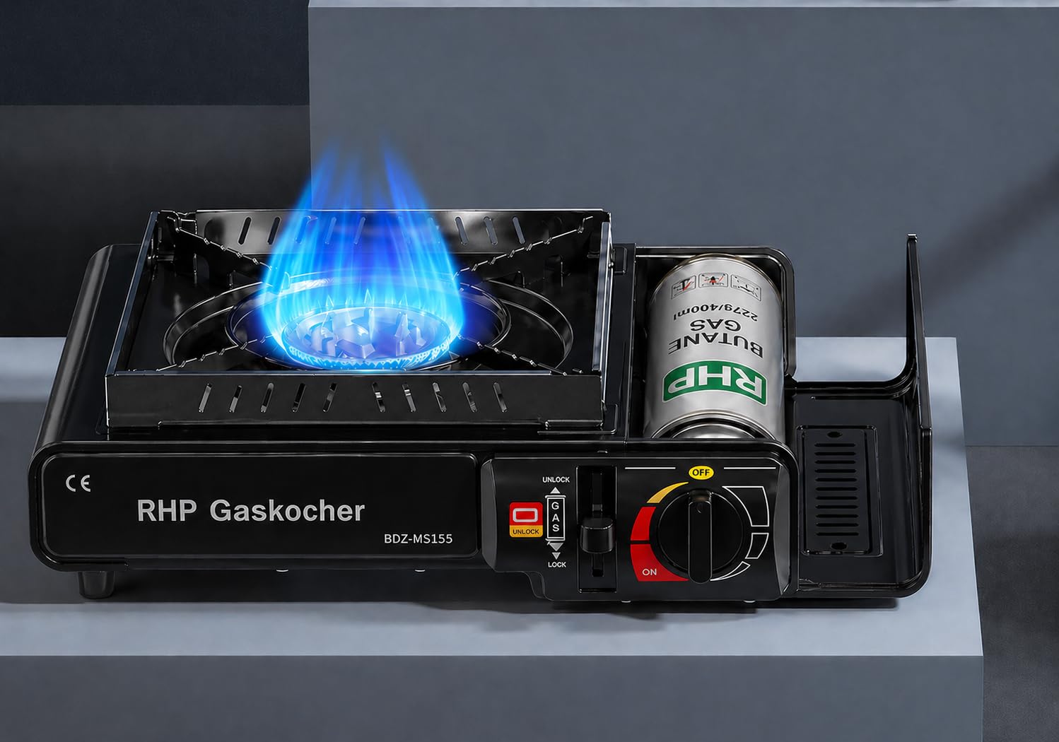 Réchaud à gaz d'extérieur RHP cuisinière de camping I cuisinière à gaz avec 8 cartouches de gaz à baïonnette - avec étui pratique - jusqu'à 30% de consommation de gaz en m