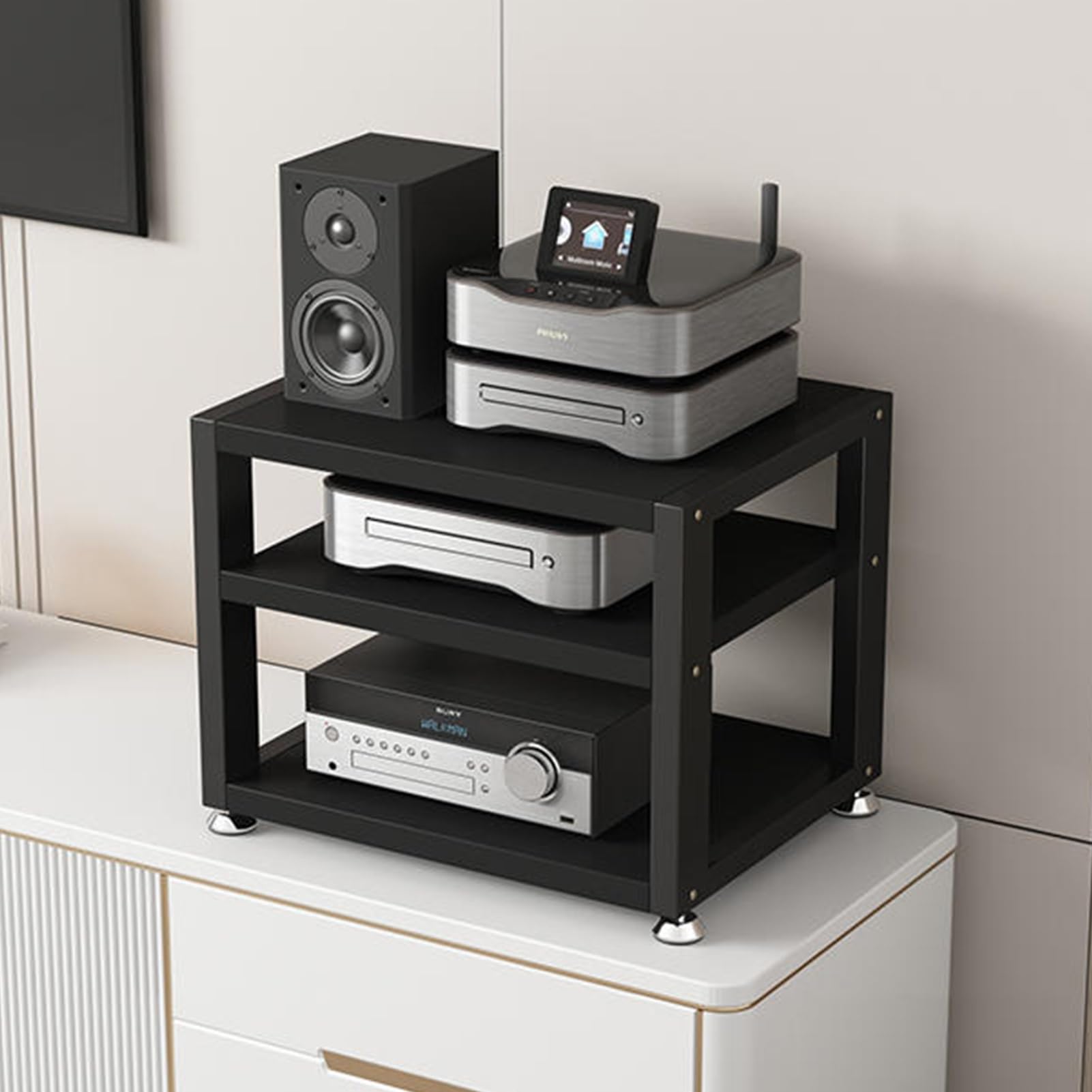 Trzy- lub czteropiętrowe szafki na media, otwarte szafki na sprzęt audio, wielofunkcyjne szafki na sprzęt stereo, szafki do przechowywania multimediów, odpowiednie do użytku w domu, biurze lub w domu