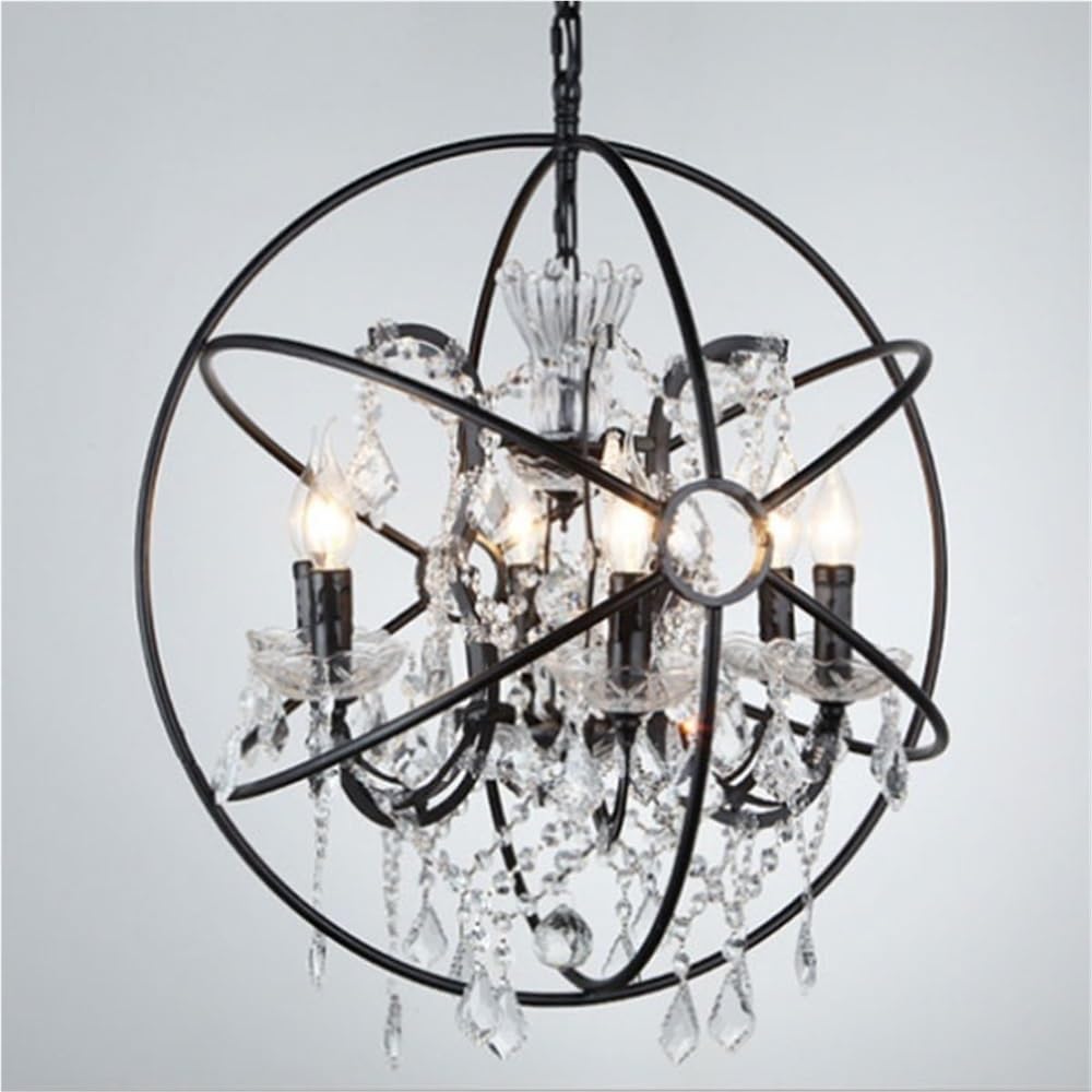 BLOOHK Rustic Globe Crystal Chandelier, Vintage Metal Orb Pendant Light