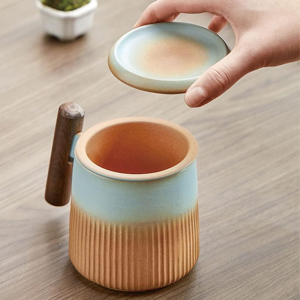 HSQMA Teebecher Mit Deckel, Keramik Teetasse Mit Deckel Porzellan Sieb Becher Aus Steinzeug Für Losen Tee Oder Teebeutel 360ml Keramik Teetasse Mit Holzgriff Schwarz