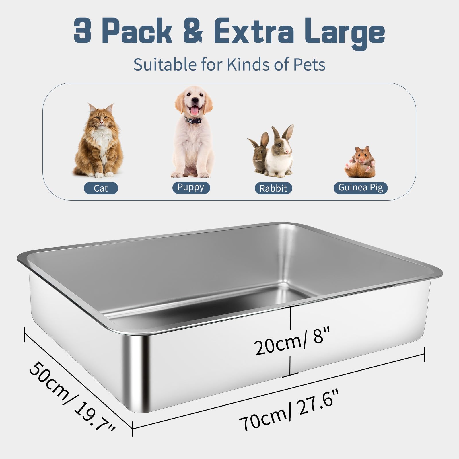 3-pakowe kuwety ze stali nierdzewnej, 70,1 cm x 49,9 cm x 20,3 cm XXXL metalowe kuwety z wysokimi bokami, dodatkowo duże kuwety ze stali nierdzewnej, odporne na plamy i nie przywierające