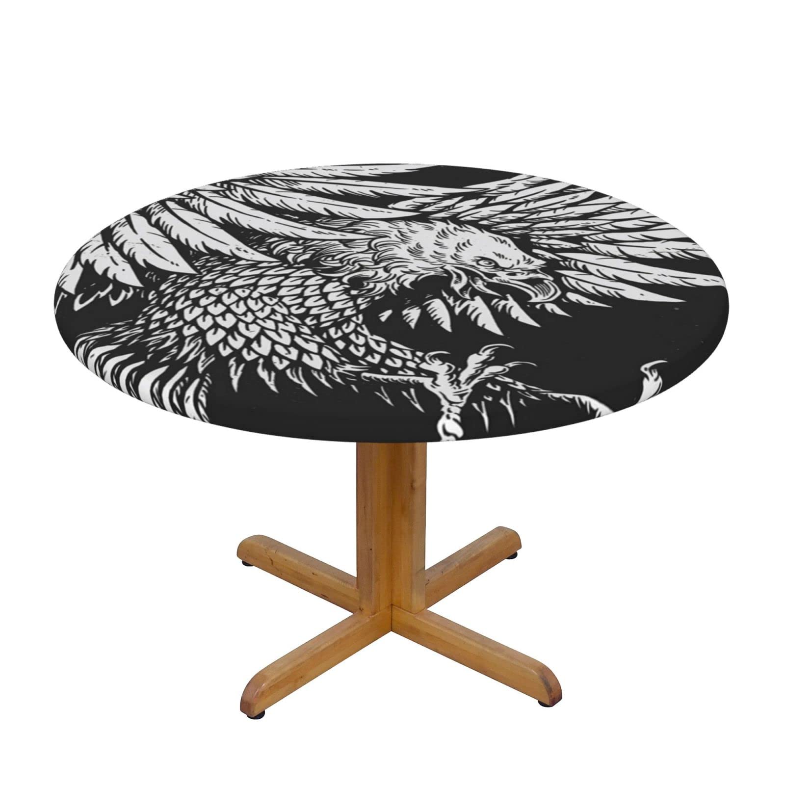 Lsjuee Round Fitted Tablecloth 45-50in Elastic Edged Table Cloth for Kitchen Dining Party Home Decor - Predator Black Eagle