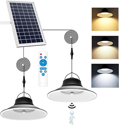 NIORSUN Luz colgante solar, luz con sensor de movimiento mejorada, luces solares para exteriores, regulables, con control remoto de 3000 K4500 K6000