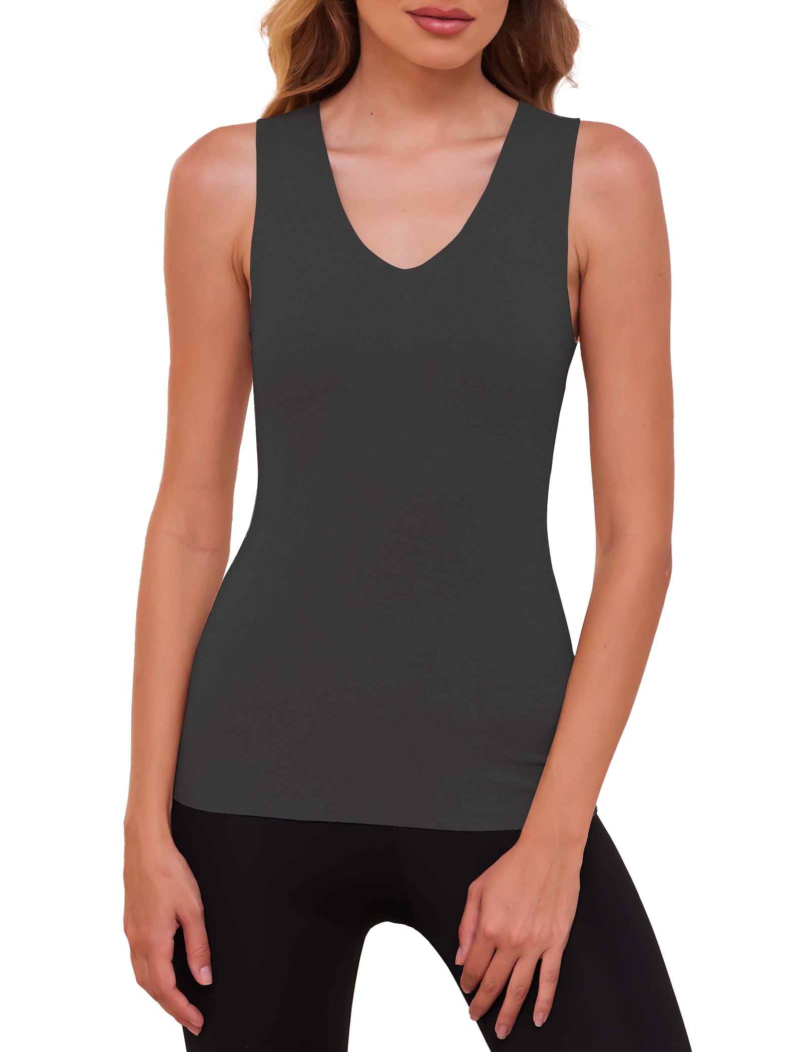 YYA V Neck Basic Tank Tops for Women Thermal Vest Winter Warm Tank-Top Sleeveless Undershirts,Dark Grey S