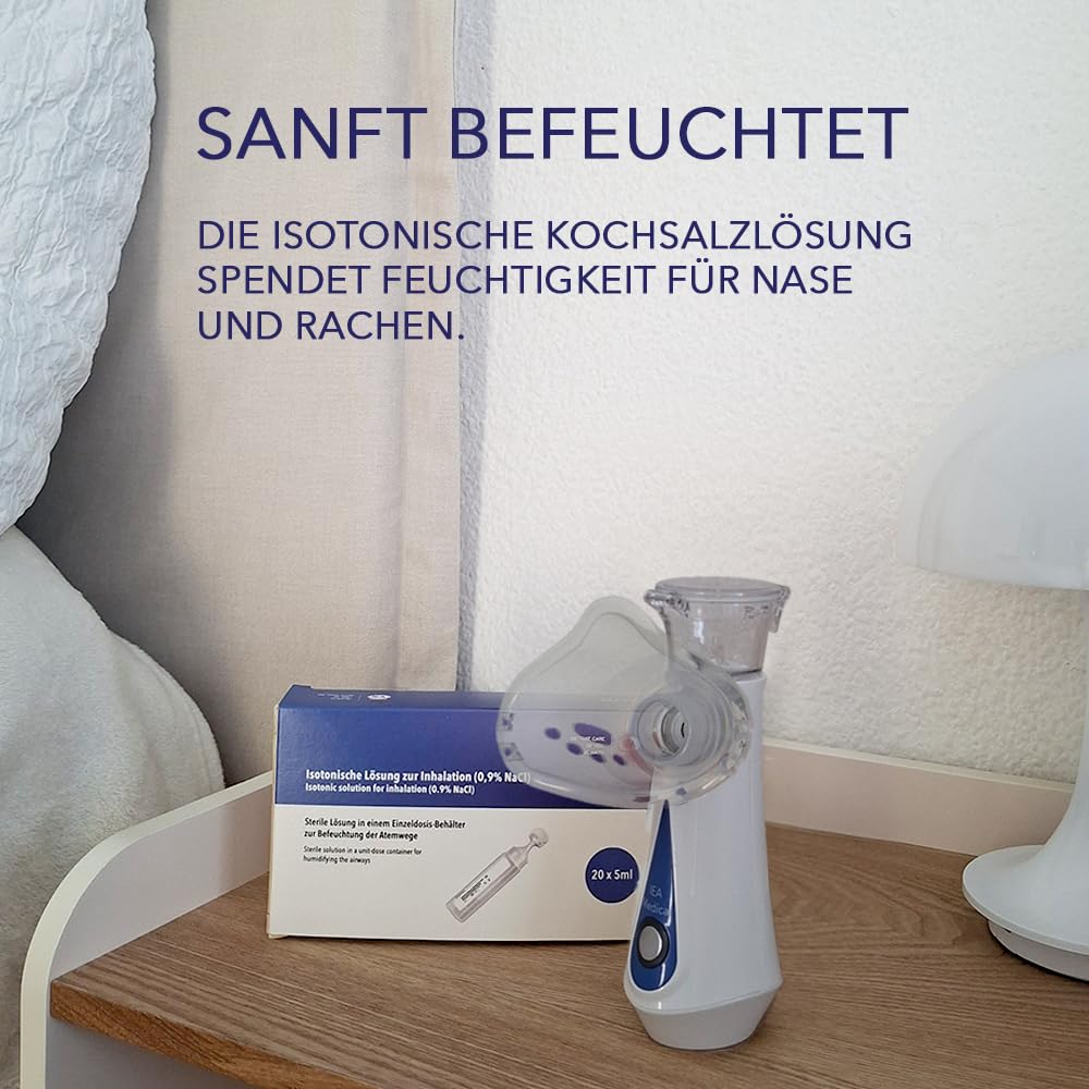 IEA Medical Inhalator Set mit Hardcase+ Kochsalzlösung 0,9% NaCl (20×5 ml) – tragbarer Vernebler/Inhalationsgerät, Mikrovernebelung feiner Nebel, USB-C aufladbar, sterile isotonische Inhalationslösung
