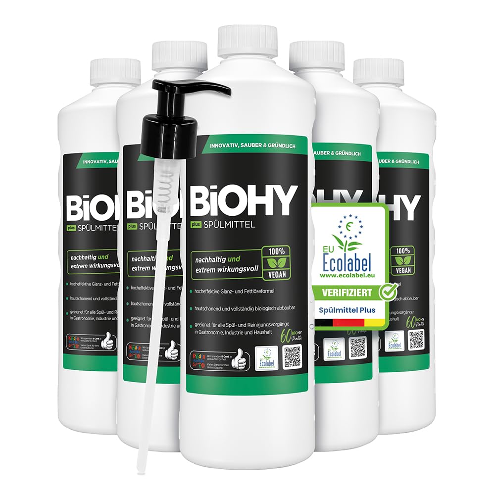 BiOHY Płyn do mycia naczyń Plus (6 x 1 l) + dozownik z pompką | ekologiczny koncentrat do naczyń z EU Ecolabel | bardzo mocny środek do usuwania tłuszczu | idealny do dozowników płynu do mycia naczyń
