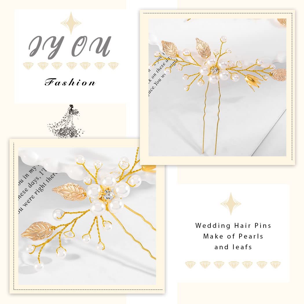IYOU Pearl Wedding Hair Pins Flower Gold Headpiece Leaf Bridal Bridesmaids for Women Girl Communion Prom(Pack of 2) - Image 3