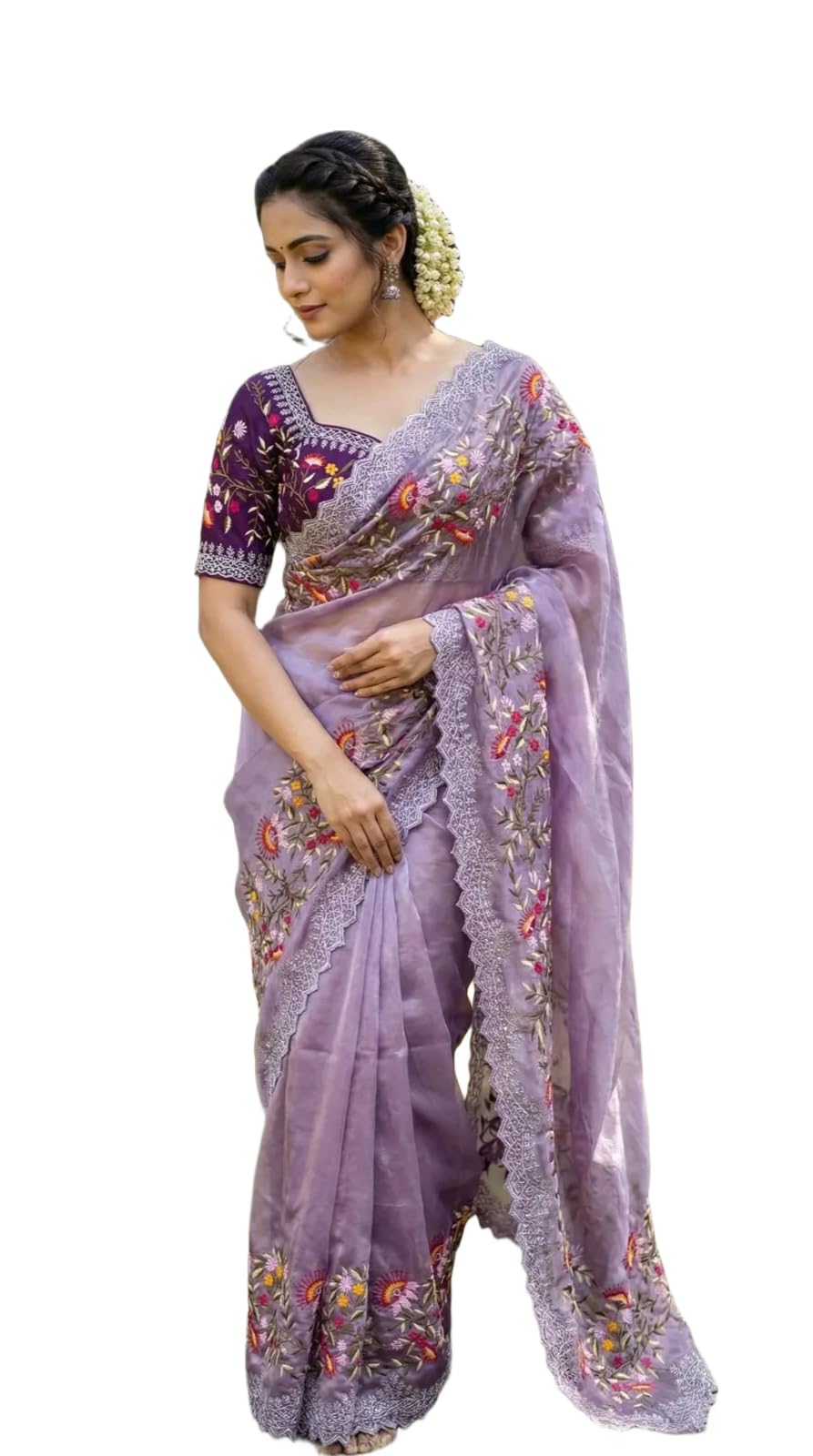 Women Georgette Saree with Fully Stitched Blouse Thread Embroidery Sequence Work Ethnic Wear for Festive Occasion-image-48