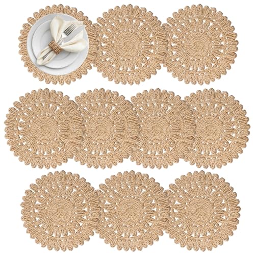 Image of 13.8 inch Set of 10 Corn Husk Placemats, Round Rattan Placemats for Table, Plate Chargers for Dinner Plates, Wicker Woven Table Mats, Boho Table Setting