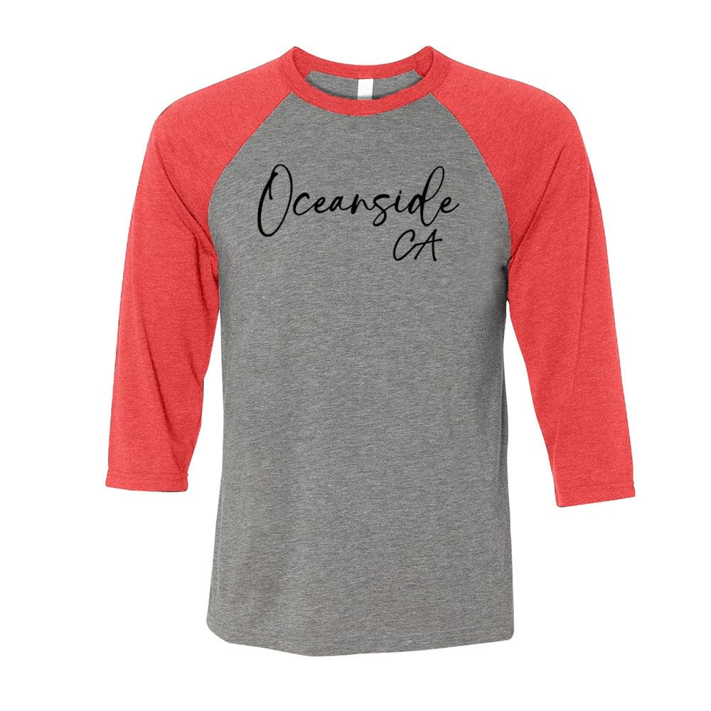 TeesAndTankYou Script Oceanside California Three-Quarter Raglan Sleeve Baseball Shirt Unisex 2X-Large Grey/Red