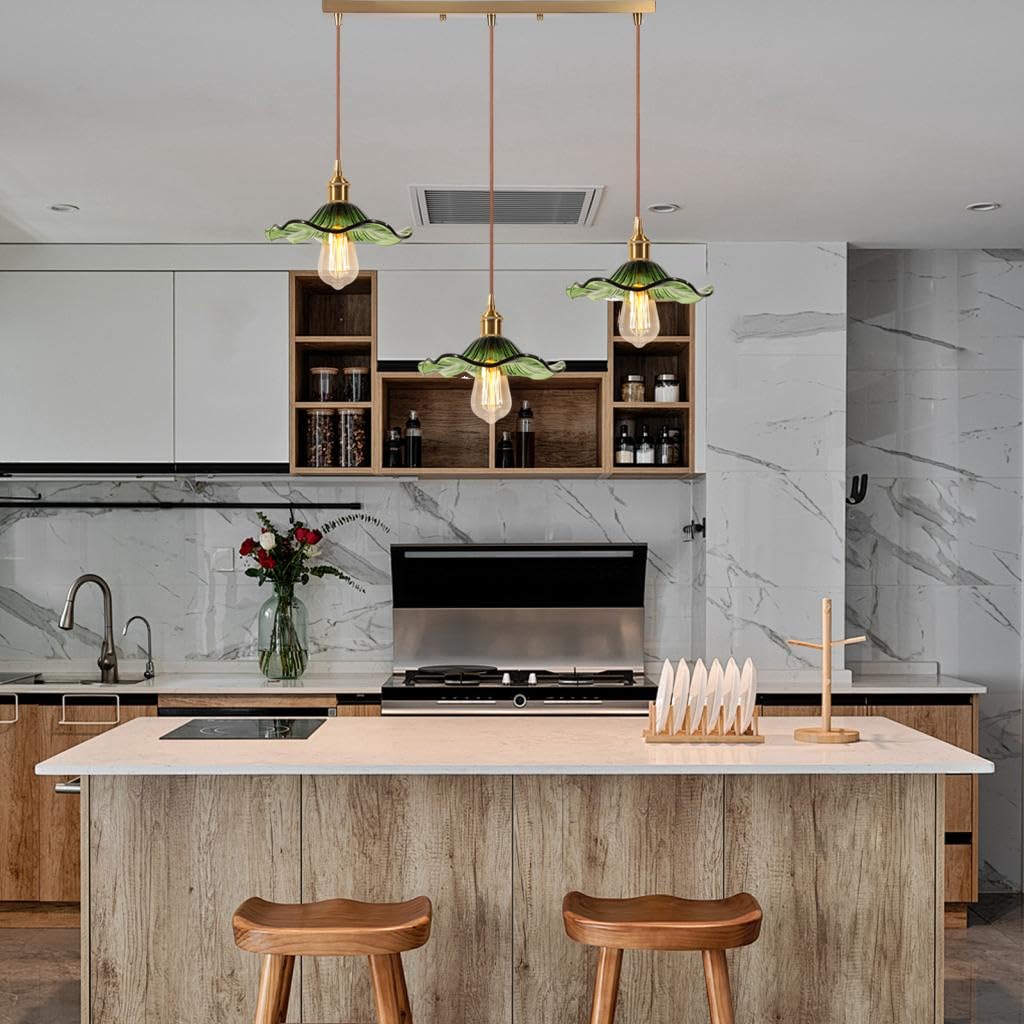Lámpara colgante con 3 lámparas de techo de cristal verde, flores E27, regulable en altura, suspensión de mesa de comedor para salón dormitorio cocina