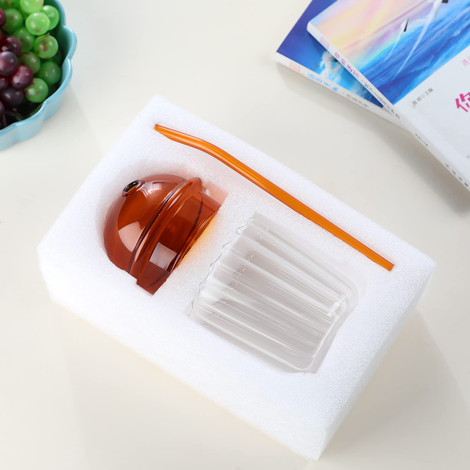 Plcnn Drinking Glasses with Glass Dome Lid and Straw Reusable Wide Mouth Smoothie Cups 15oz Glass Coffee Iced Cup Tumbler Glass Bubble Tea Cup for Coke Soda Home Office Bar