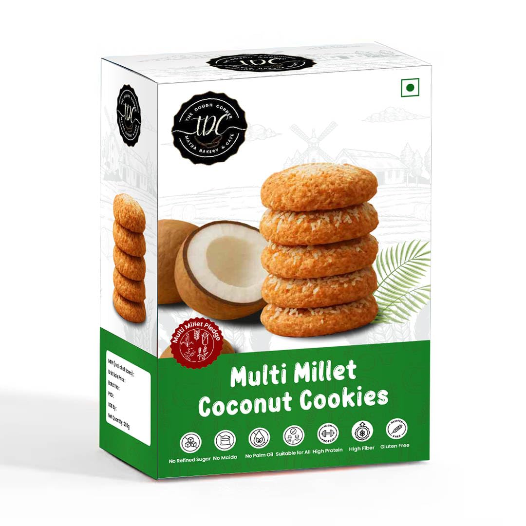 THE DOUGH CORNER Healthy Multi Millet Coconut Cookies | High Protein, Jaggery-Sweetened, No Palm Oil, No Maida, And No Refined Sugar | Real Coconut | Wholesome Snack for Every Age & Lifestyle-200Gm
