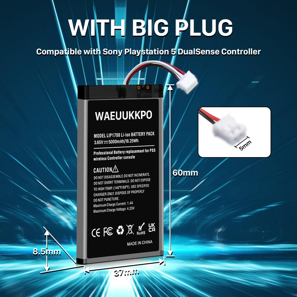 Batteria per controller PS5 ad alta capacità LIP1708 per Sony PS5 PlayStation 5 DualSense CFI-ZCT1W Wireless Controller con Toolkit (1 pezzo)