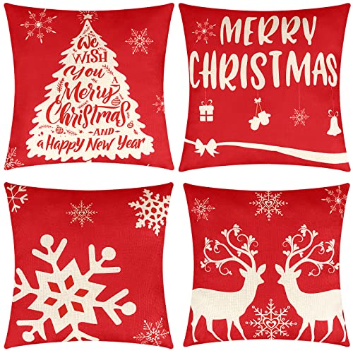 Juego de 4 fundas de almohada de Navidad de 18 x 18 pulgadas, fundas de almohada decorativas para Navidad, árbol de Navidad, ciervo, copo de nieve, Navidad, invierno, vacaciones, para sofá Cover