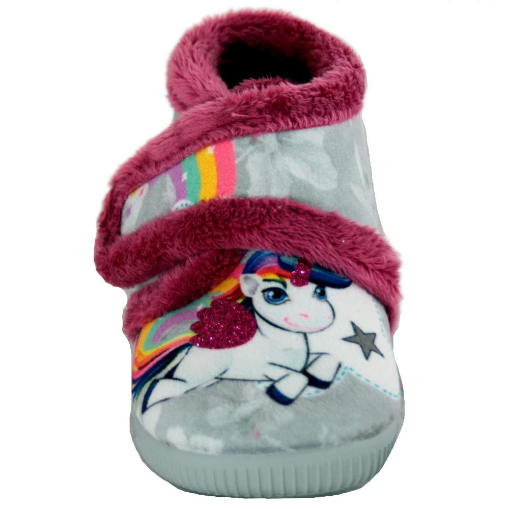 Vulcabicha 1090 - Zapatillas de Estar Infantiles Cerradas con Adhesivo Textil Grises con Dibujo de Unicornio y Purpurina