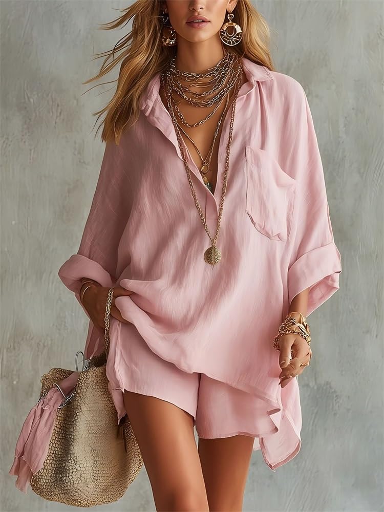 Hosenanzug Damen Zweiteiler Sommer Outfit mit Langarmhemd und Shorts Lockerer Freizeitanzug mit Taschen für Strand Alltag und Reisen